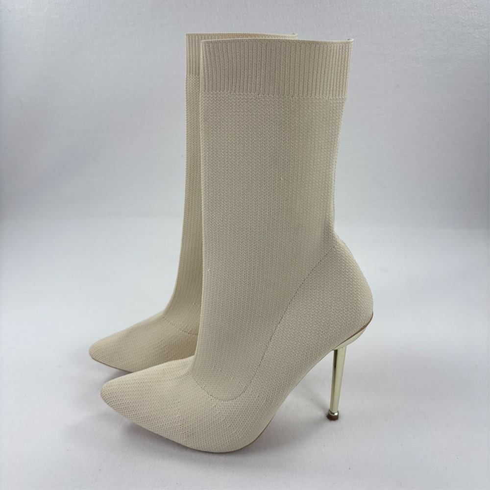Knit Pointed Toe Sock Booties Stiletto Ivory Cream 4.5" High Heels Size 8.5 - Picture 8 of 14